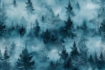 seamless pattern of misty forest handpainted watercolor illustration - obrazy, fototapety, plakaty