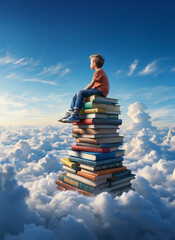a boy sitting on  a pile of books in the clouds, illustration for world book day