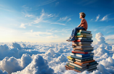 a boy sitting on  a pile of books in the clouds, illustration for world book day