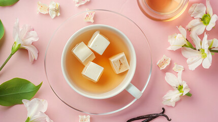 Glazed curd cheese bars vanilla pods and tea on pink background
