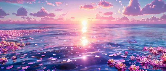 Papier Peint photo autocollant Rose clair Serene Sunset Over the Ocean, Capturing the Tranquil Sea Reflection and Colorful Horizon, Evoking a Sense of Peace and Beauty