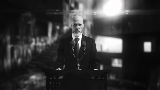 A head of state delivering a speech at a podium in retro black and white style. Political speech and diplomacy