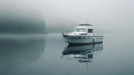 Cabin Cruiser Adrift in Misty Morning Lake Tranquility - obrazy, fototapety, plakaty