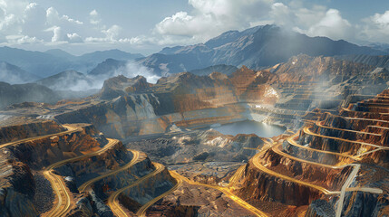 Gold and copper open pit mine in misty mountains
