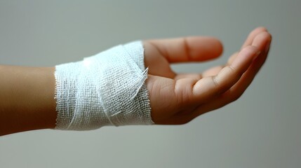 Close up of Bandaged Hand on Plain Background Representing Healing and Recovery