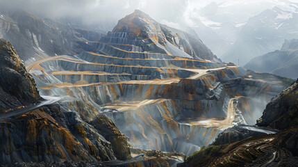 Gold and copper open pit mine in misty mountains