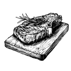 Florentine steak with a sprig of rosemary. Dinner meat. Black and white outline. Vector illustration.