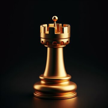 golden rook castle chess piece standing alone on a dark background. Leadership, success, and business strategy positive concept banner. gold chess piece standing alone .	