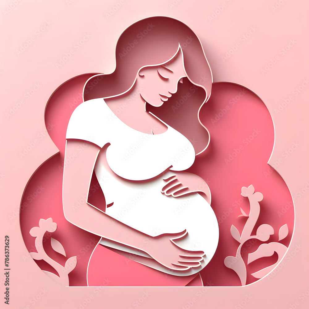 Wall mural pregnant mom, papercut illustration, isolated on a pink background, flat vector illustration