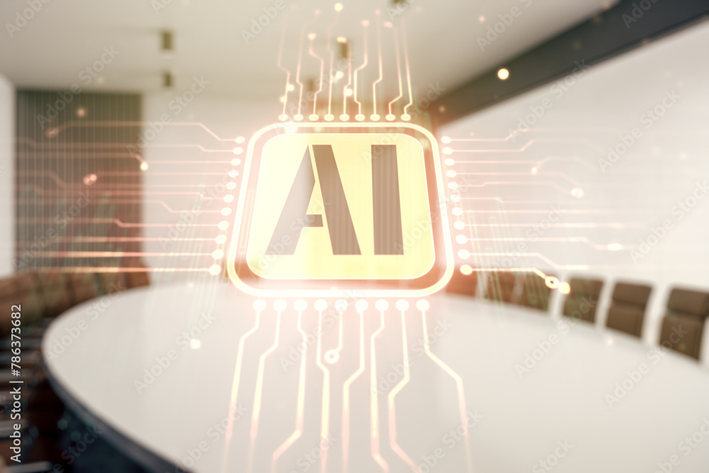 Poster abstract virtual artificial intelligence symbol hologram on a modern conference room background. mul