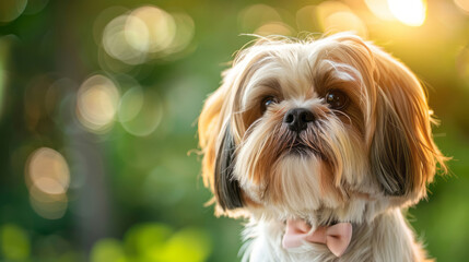 A Shih Tzu with long hair and pink bows looks at the camera against a blurred green backdrop, with room on the right.