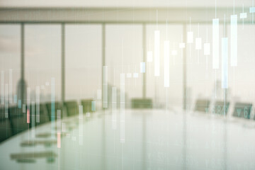 Double exposure of abstract creative financial chart hologram on a modern meeting room background, research and strategy concept