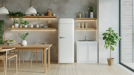 Fototapeta na wymiar Modern Kitchen with Dining Area: Scandinavian Style Interior Design