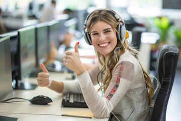 A female customer service representative, wearing headphones, sits at her office desk, giving a...