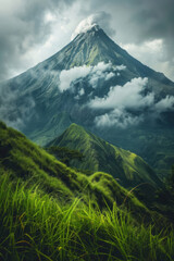 A volcano, covered with lush green grass and surrounded by thick clouds, stands like an elongated pyramid against the sky.