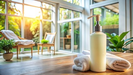Soap dispenser with towel on wooden table in living room.