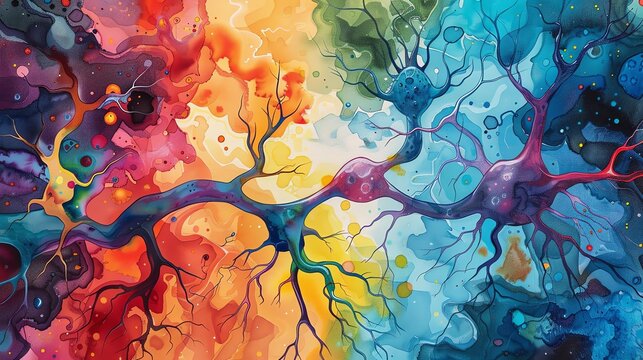 Bring the nervous system to life in vibrant acrylic colors on canvas, portraying it from an eye-level angle Show the energy flow through the neurons with dynamic brush strokes and vivid hues, perfect