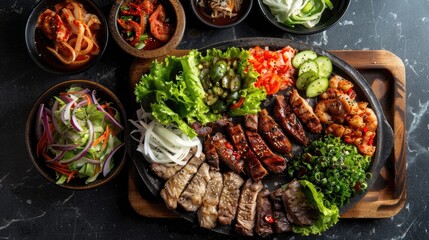 Korean style grilled beef with vegetables on a black plate. Top view