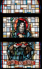 Saint Schetzel of Luxembourg, hermit. A stained-glass window in Église de la Sainte-Trinité (Holy Trinity Church) in Walferdange, Luxembourg.
