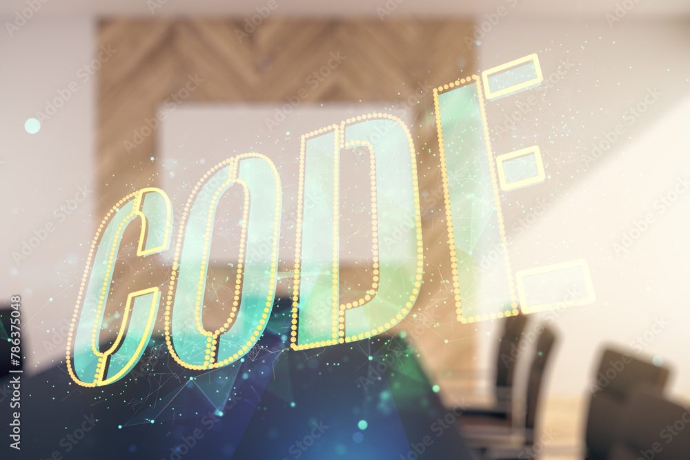 Aufkleber code word hologram on a modern meeting room background, artificial intelligence and neural networks 