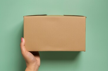 A hand holds a cardboard box on a green background, presented flat, with the brown paper package isolated over a pastel colored backdrop.