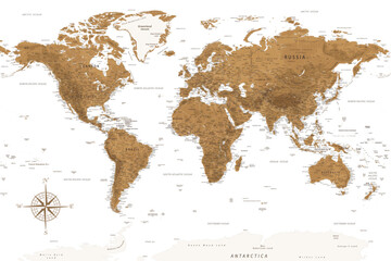 World Map - Highly Detailed Vector Map of the World. Ideally for the Print Posters. Dark Golden Brown Beige Retro Style
