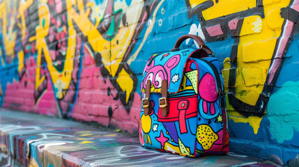 A colorful school bag adorned with cartoon characters, resting against a vibrant graffiti-covered wall.