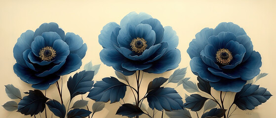 a three blue flowers that are on a white wall