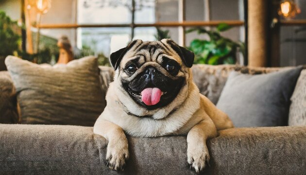 Numa tarde pregui&ccedil;osa, um Pug se acomoda confortavelmente em seu sof&aacute; favorito, sua express&atilde;o enrugada e sua l&iacute;ngua de fora revelando sua personalidade descontra&iacute;da e amor&aacute;vel.