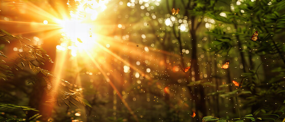 Naklejka premium Soft Green Forest with Sunlight Creating a Bright, Blurred Background, Perfect for a Spring or Summer Day