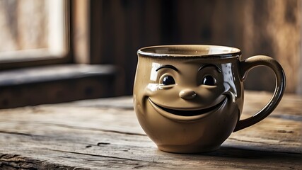 The contrast of the smooth, glossy surface of a smiling mug against the rough, weathered texture of a rustic table, creating a visually stunning and intriguing image.