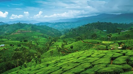 Fototapeta na wymiar Tea plantation with lush greenery, inviting readers to savor the beauty of nature.