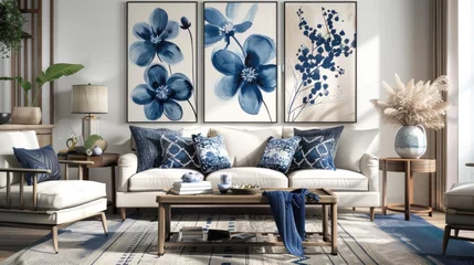 Fotobehang Bohemian-inspired living room with indigo floral posters and muted colors, evoking tranquility and charm. © Postproduction
