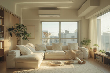 Serene Tokyo Apartment Living Room with Minimalist Design, Neutral Palette, Morning Light, and Linen Textures