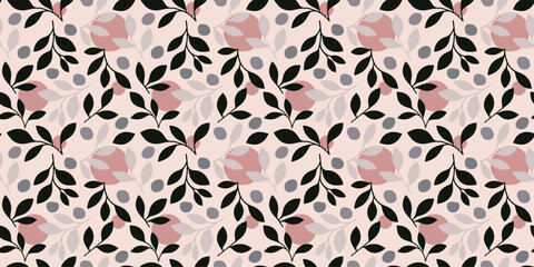 Botanical illustration background. Seamless pattern.Vector. 有機的なイラストパターン