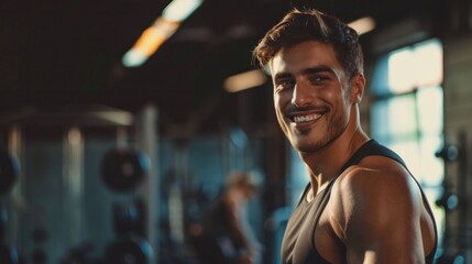 Muscular brunette man as personal trainer emphasizing healthy lifestyle