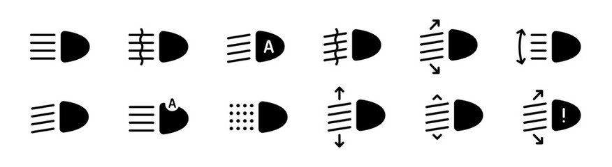 Headlight, light indicator dashboard icon collection. Car light symbol set. Vector solid, filled icons