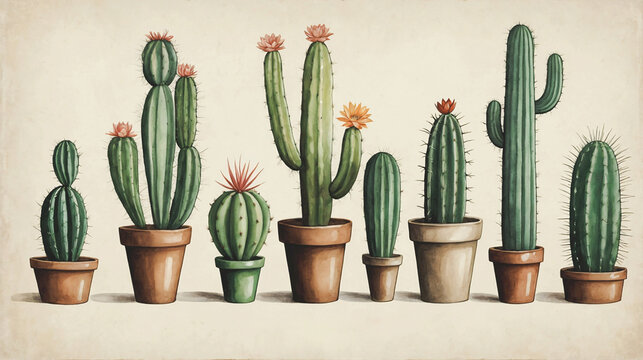 Vintage illustration of small cacti potted in decorative flowerpots. Potted succulents. Small cacti garden