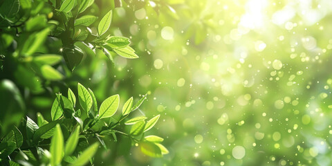 Obraz premium Lush green leaves on a sunny day with water droplets and sunlight shining through, nature background