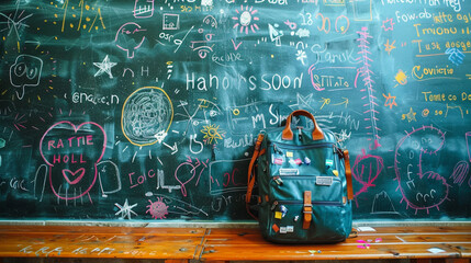 A school bag leaning against a classroom chalkboard, covered in doodles and stickers.