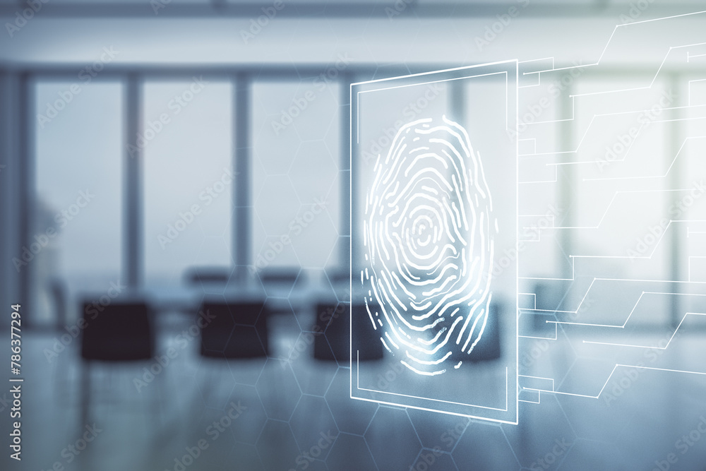Poster multi exposure of virtual creative fingerprint hologram on a modern meeting room background, persona