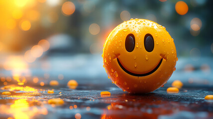 A smiling yellow ball is sitting on a wet surface. Concept of happiness and joy, happiest day of the year even if it rains. The wet surface adds a fun and cheerful touch to the scene.