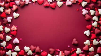 Valentine's Day theme with overhead view of heart frame on crimson background.