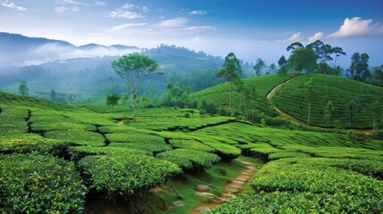 Tranquil tea plantation with lush greenery. Picturesque nature setting - obrazy, fototapety, plakaty