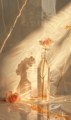 A serene still life featuring a single rose in a glass bottle, accompanied by soft lighting and warm golden accents