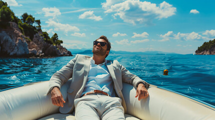 Happy businessman relaxing on boat on the sea