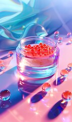 Obraz na płótnie Canvas A vibrant digital artwork featuring a jar of glowing red spheres with scattered beads on a reflective surface