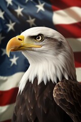 A hyper realistic depiction of a Bald eagle perched majestically against a backdrop of the American flag, 3D render, illustration, minimalist, 8K, closeup, professional color grading