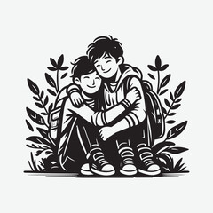 Medium shot happy friends hugging black & white vector Silhouette Illustration