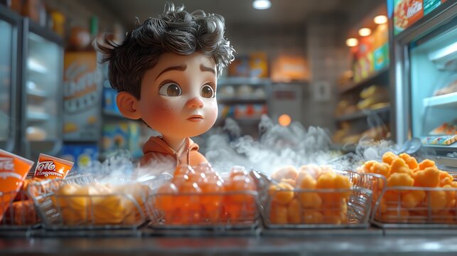3D cartoon characters selecting frozen foods, cold mist coming from the freezer, visual effect